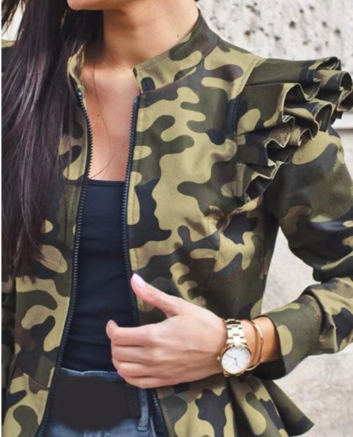 Zipper Printing Flounced Long Sleeve Coat