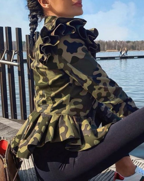 Zipper Printing Flounced Long Sleeve Coat