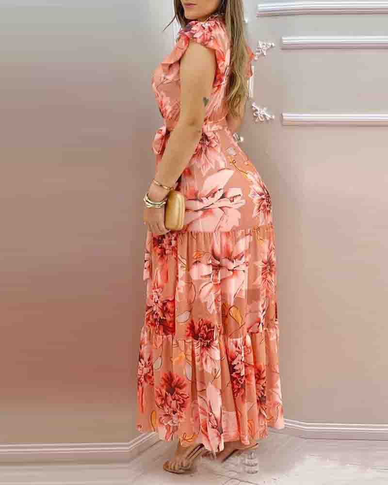 Pink Printed V-Neck Chiffon Dress