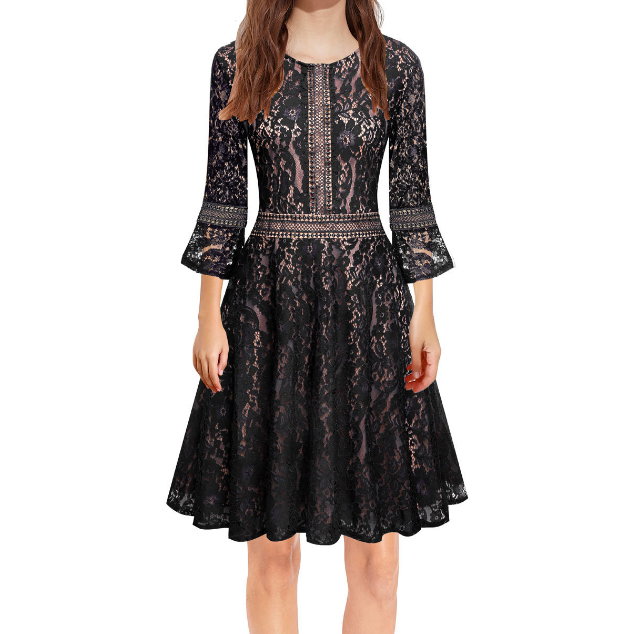 Solid Color Round Neck Lace Slim Dress
