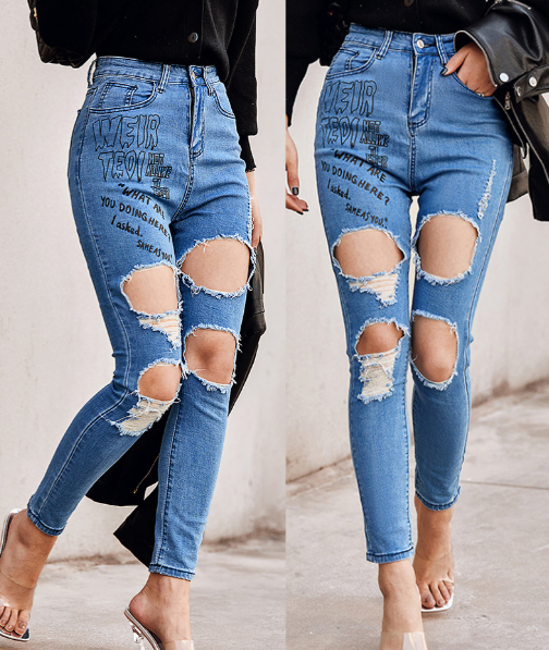 Blue Printed Letters Ripped Jeans