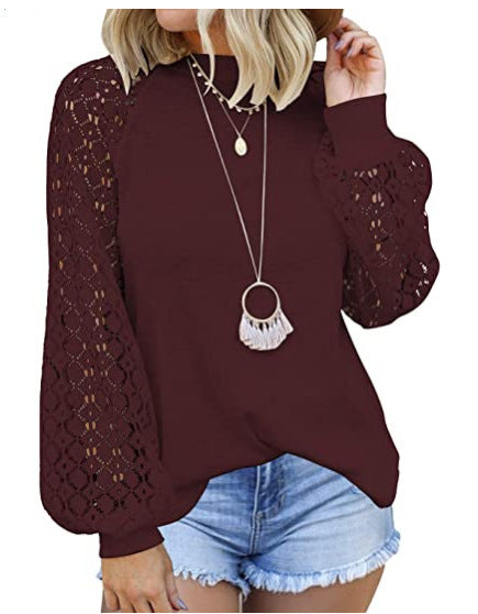 Loose Round Neck Long-Sleeved Lace Stitching Top