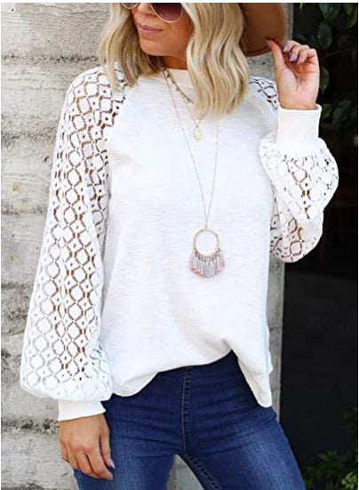 Loose Round Neck Long-Sleeved Lace Stitching Top
