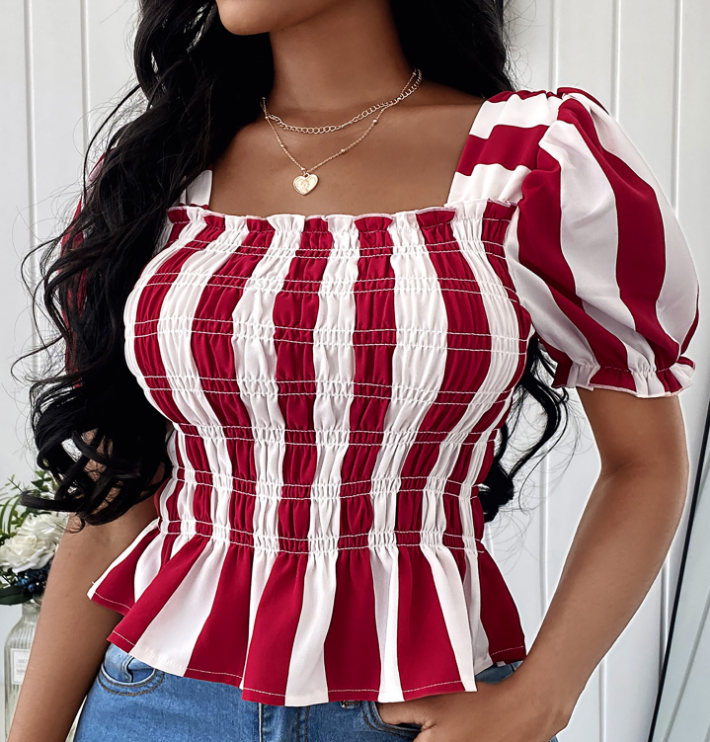 Sexy Short Sleeve Red Striped Shirt