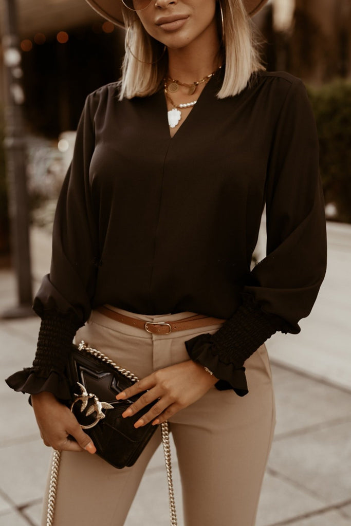 Solid Color V-Neck Women'S Long-Sleeved Shirt