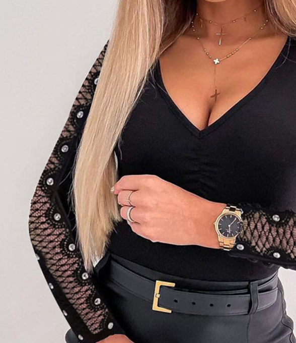 V-Neck Women'S Long Sleeve Splicing Black Top