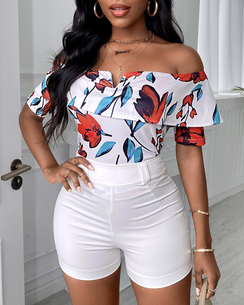 Fashion Printed One-Way Neck Strapless Short Sleeves Shorts Two-Piece Suit