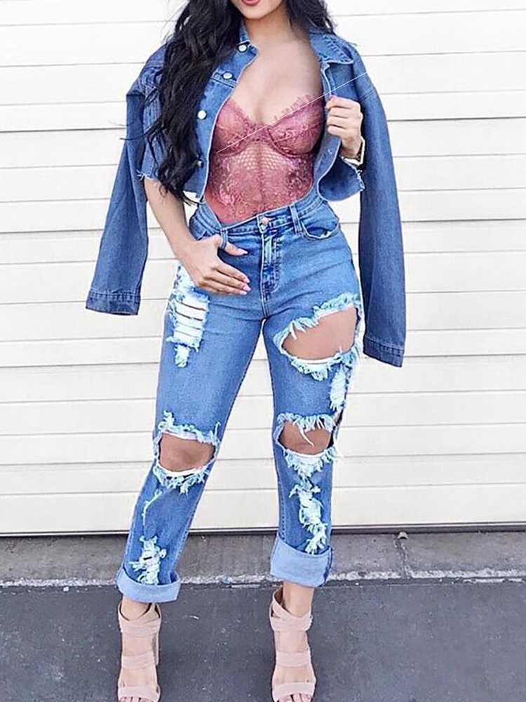 Casual Fashion Ripped Denim Trousers