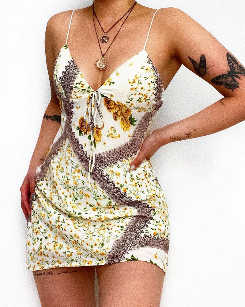 Printing V-Neck Sexy Sling Sleeveless Dress