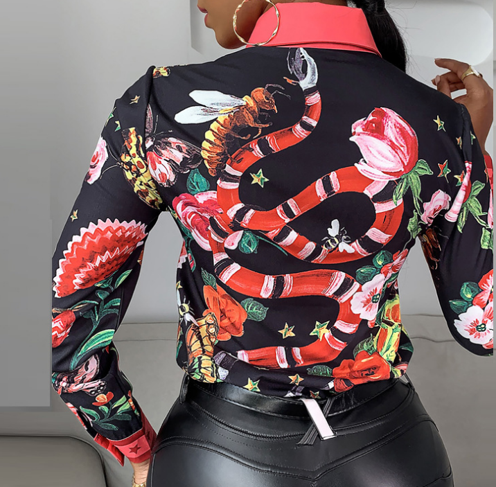 Butterfly Print Star Red-Trimmed Lapel Long-Sleeved Shirt