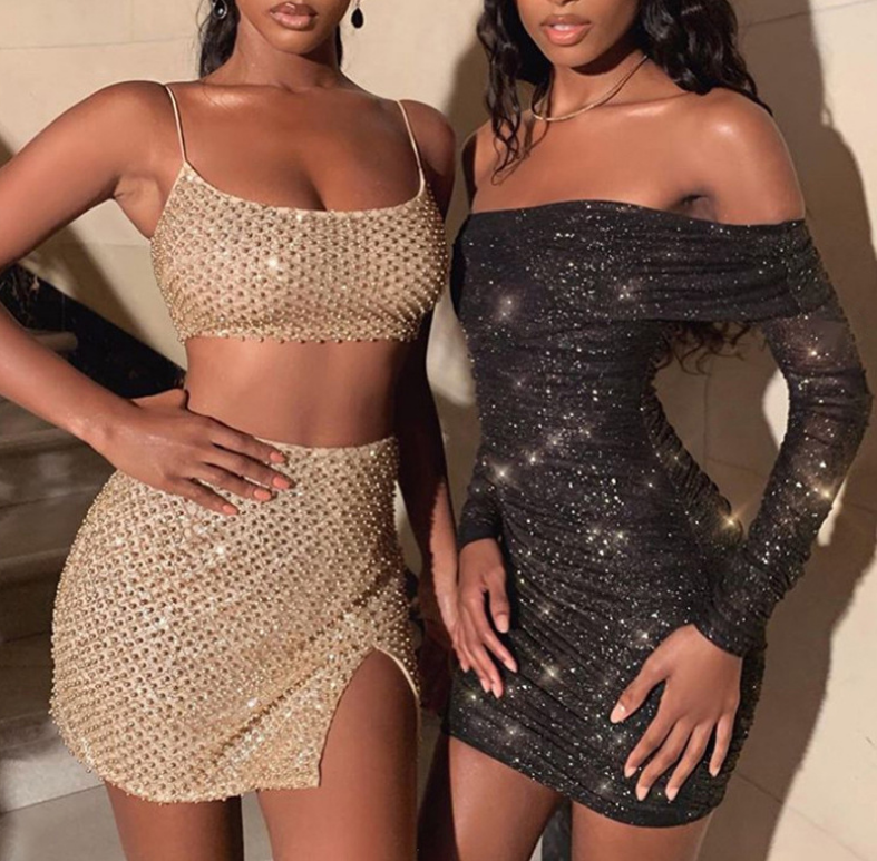 Word Shoulder Temperament Slim Long-Sleeved Dress