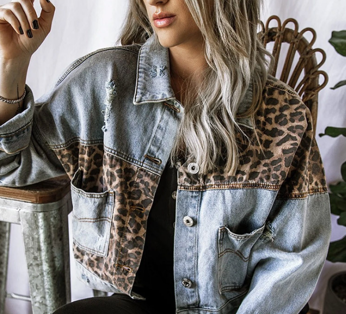 Long-Sleeved Denim Single-Breasted Leopard Coat