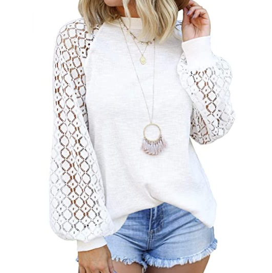 Loose Round Neck Long-Sleeved Lace Stitching Top