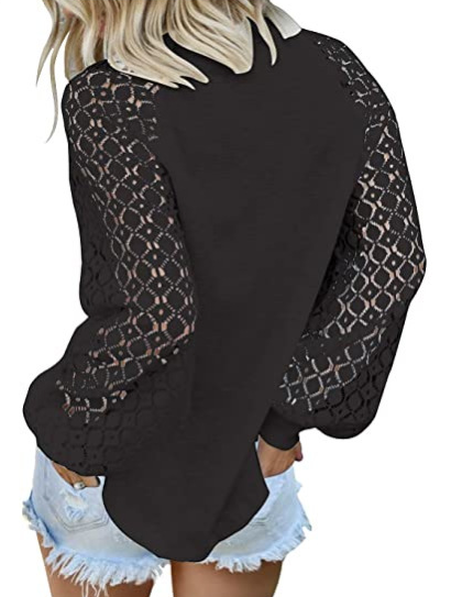 Loose Round Neck Long-Sleeved Lace Stitching Top