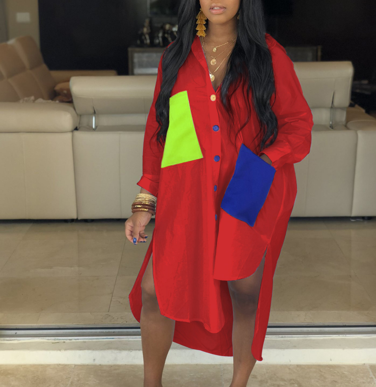 Irregular V-Neck Women Long Sleeve Pocket Dresses