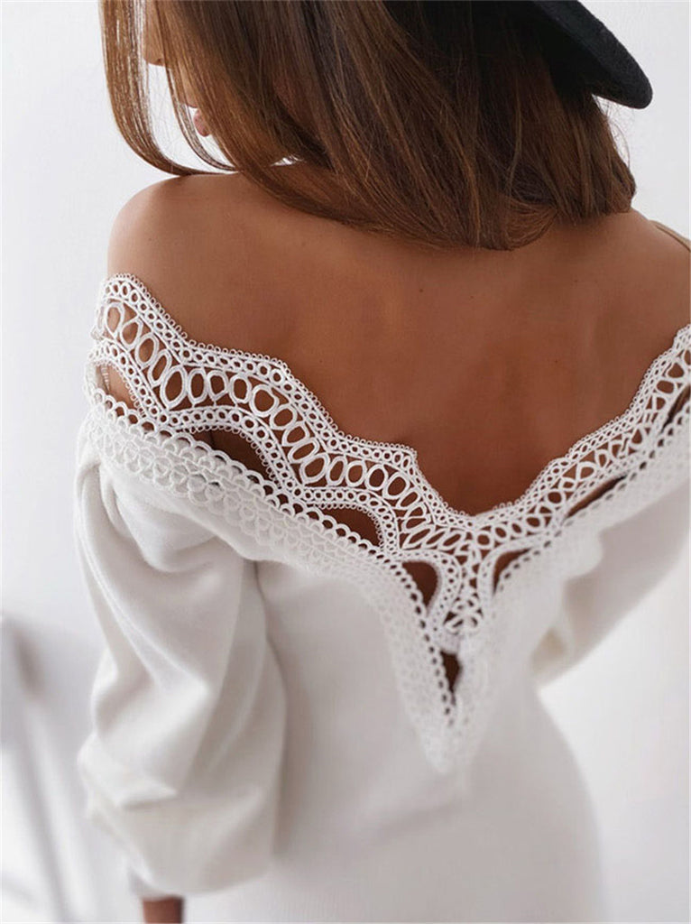 Sexy Open Back Lace V-Neck Long Sleeve Dress