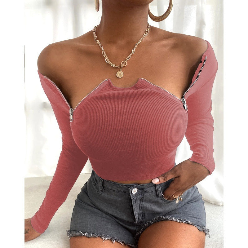 Fashion Zipper Design Slim Knit T-Shirt Tops