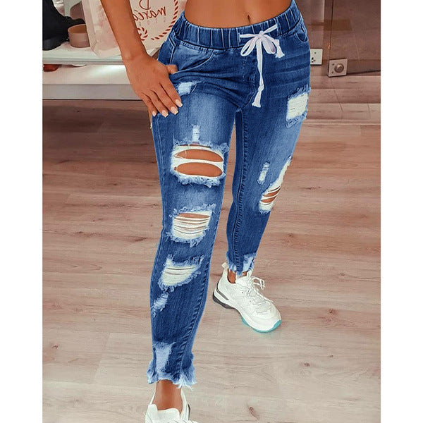 Slim Denim High Waist Ripped Trousers