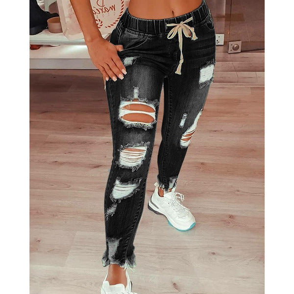 Slim Denim High Waist Ripped Trousers