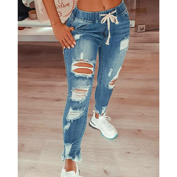 Slim Denim High Waist Ripped Trousers