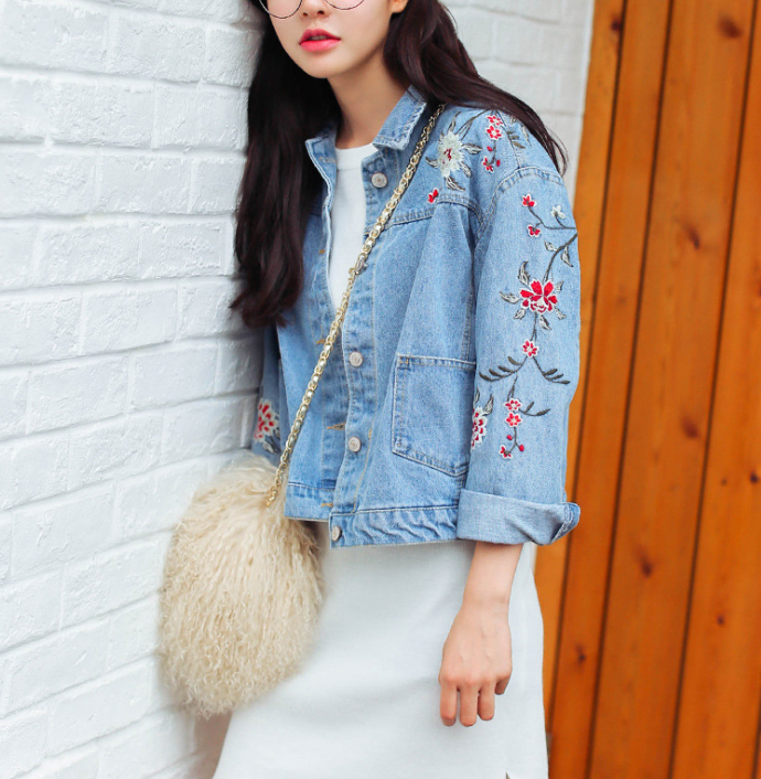 Flower embroidery Vintage Denim jacket