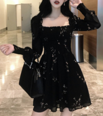 Floral Slim High Waist Long Sleeve Chiffon Dress
