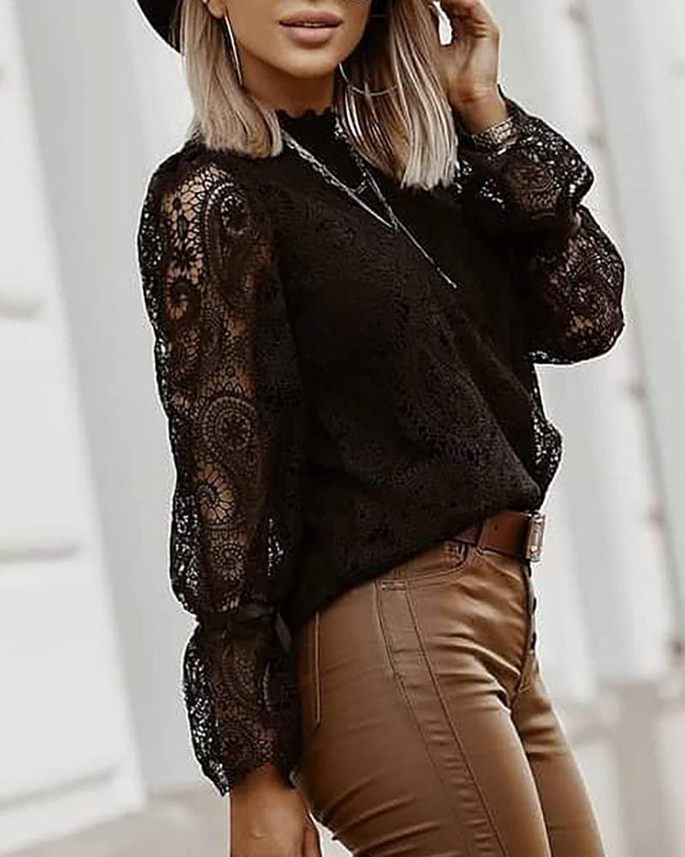 Women's Lace Stand Collar Long Sleeve Loose Lace Shirt