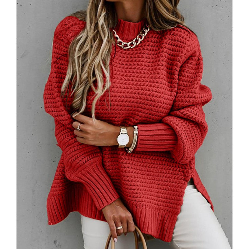 Women Solid Color High-Necked Knit Sweater