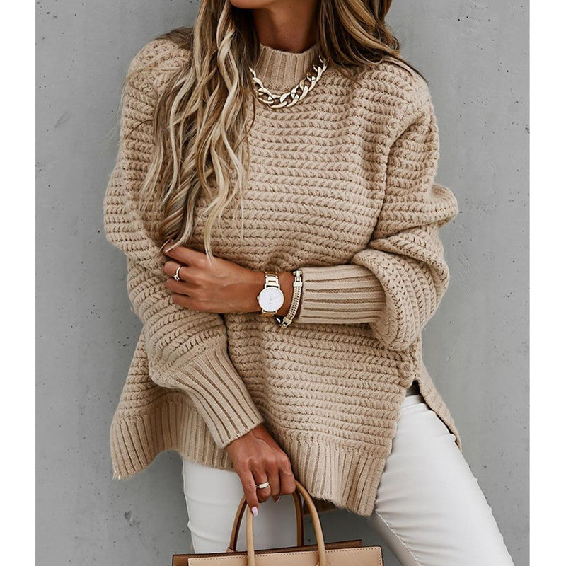 Women Solid Color High-Necked Knit Sweater