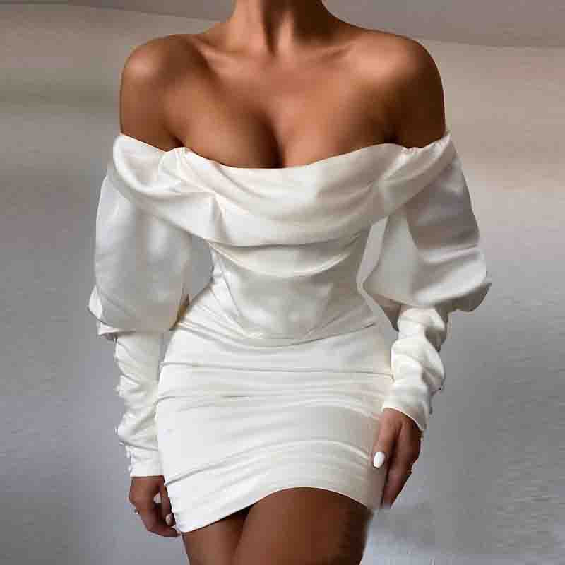 White One-Shoulder Long-Sleeved Dress