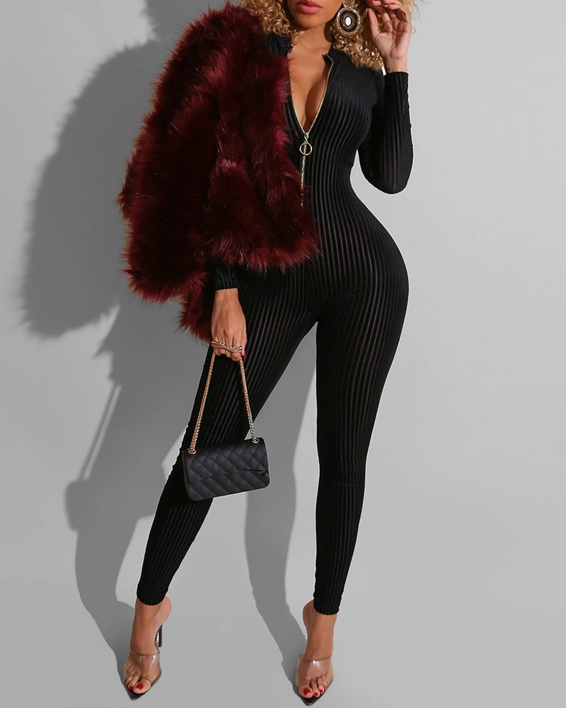 Women'S Sexy Long-Sleeved Zipper High-Waist Hip Jumpsuit