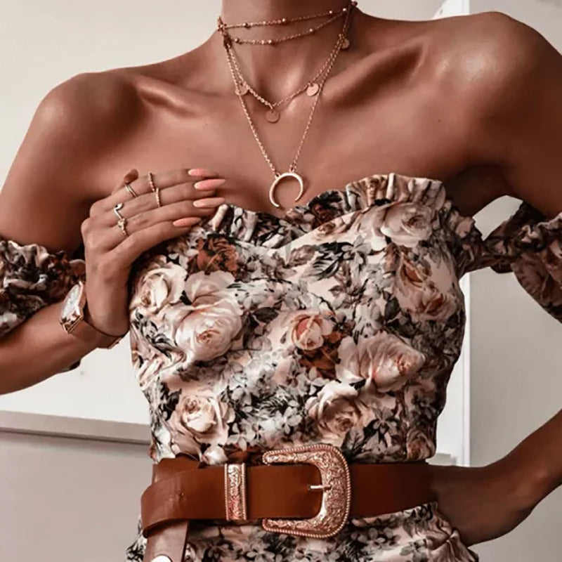 Printed Sexy Wrapped Chest Short Sleeve Dress