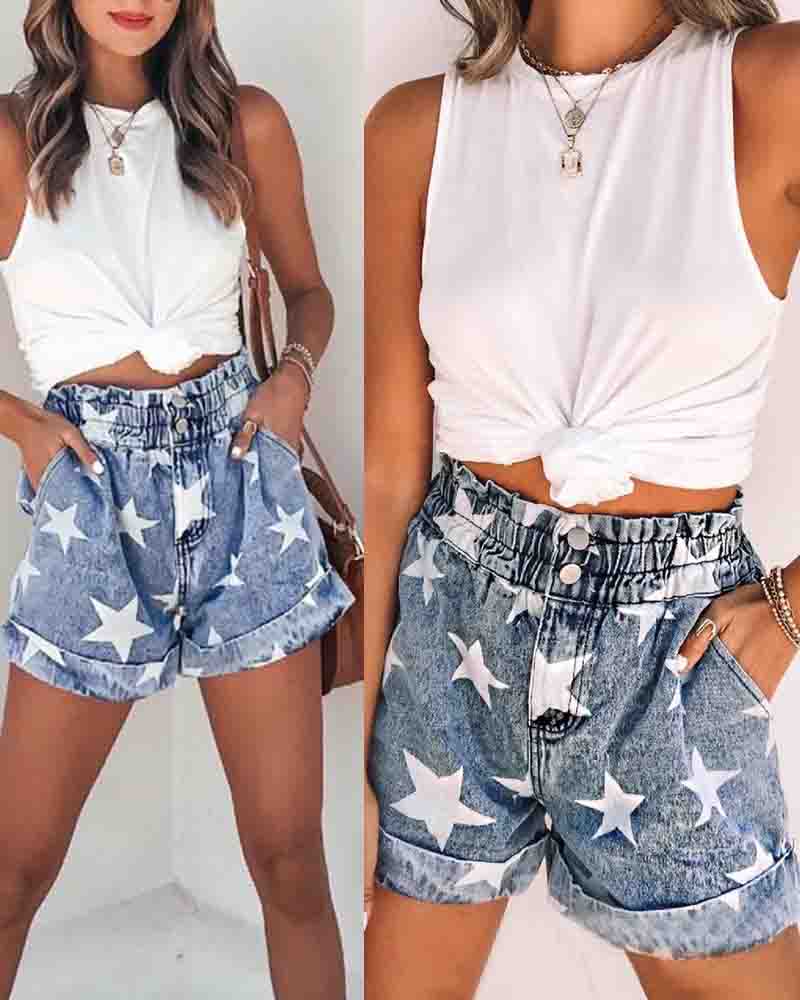 Women'S Printed Button Denim Shorts