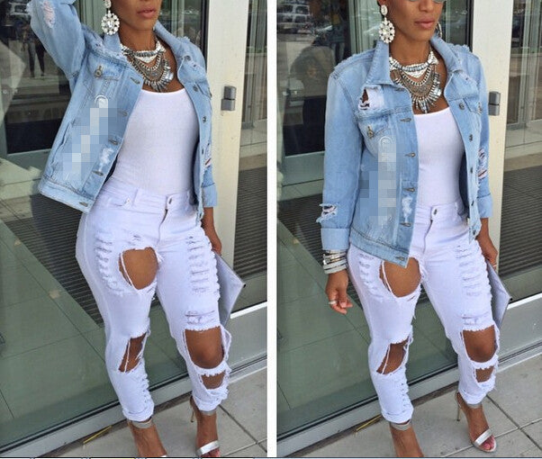 Sexy hole tight jeans stretch long pants