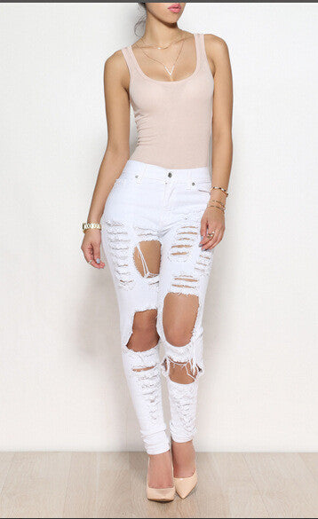 Sexy hole tight jeans stretch long pants