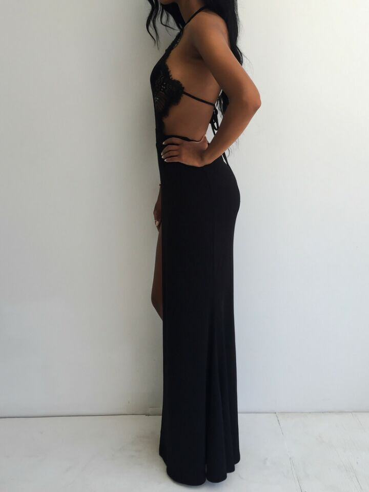 Fashion Sexy black lace halter dress