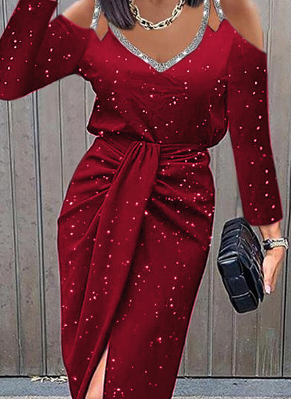 Slim High Waist Long Sleeve V Neck Dress