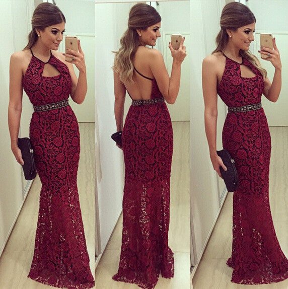 Round neck lace halter dress