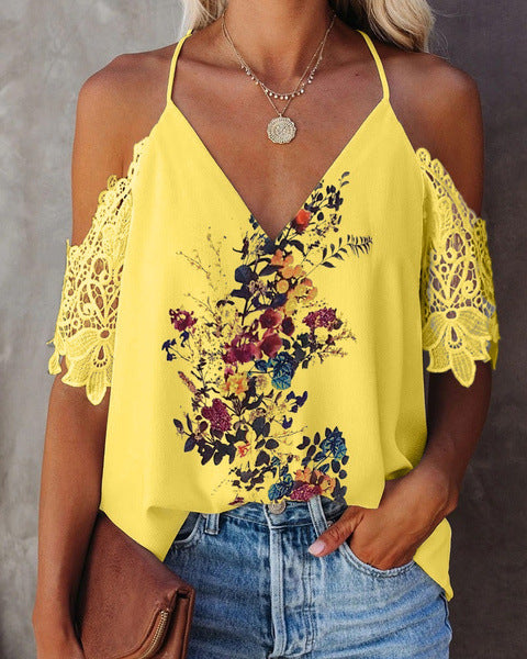 Women Lace V-Neck Open Back Short Sleeve Printed Shirt Top