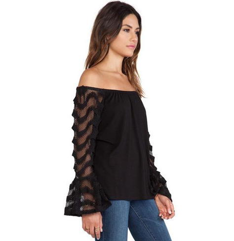 Fashion Lace Stitching Chiffon Black T-Shirt