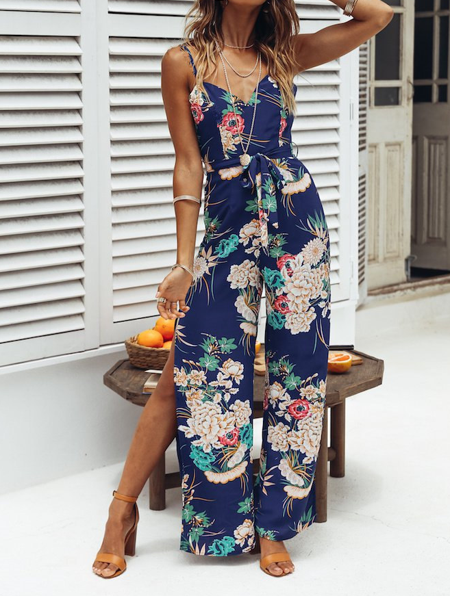 Women'S Sexy V-Neck Strapless Printed Jumpsuit