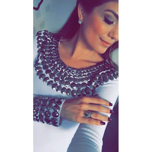 Slim white beaded long-sleeved dress