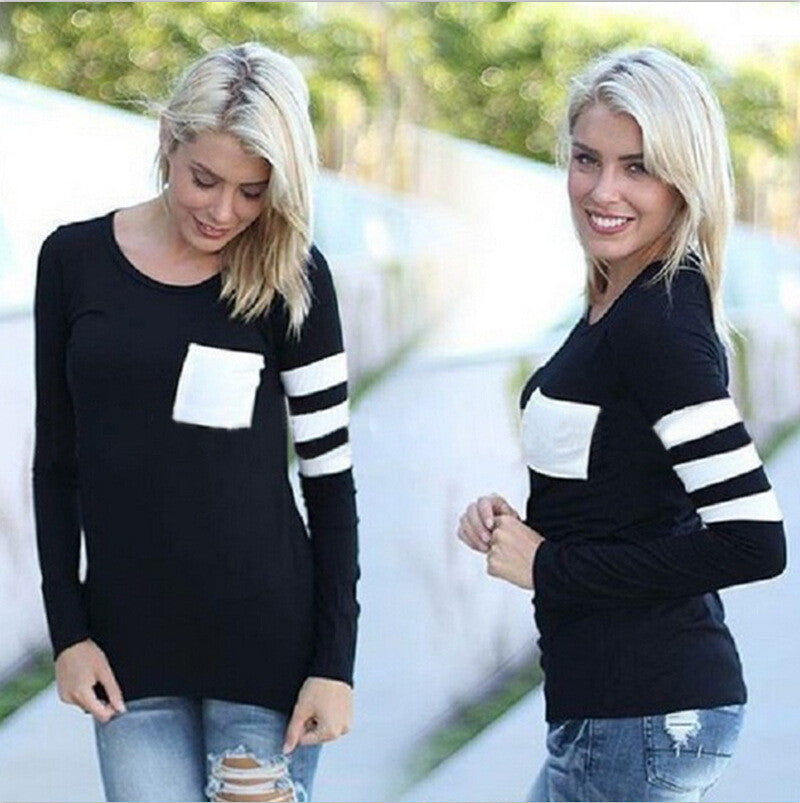 Slim stitching round neck long-sleeved T-shirt