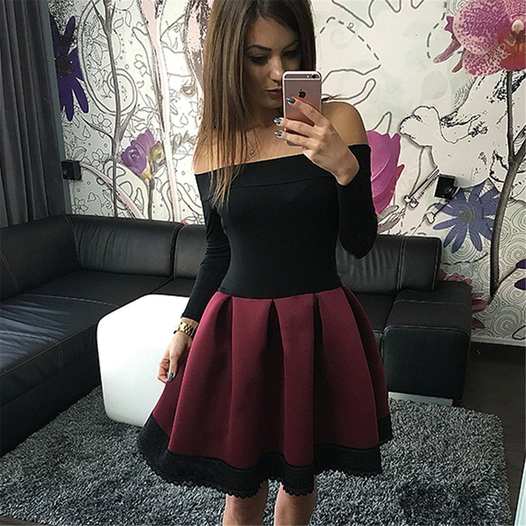 Long-sleeved splicing Flouncing dress