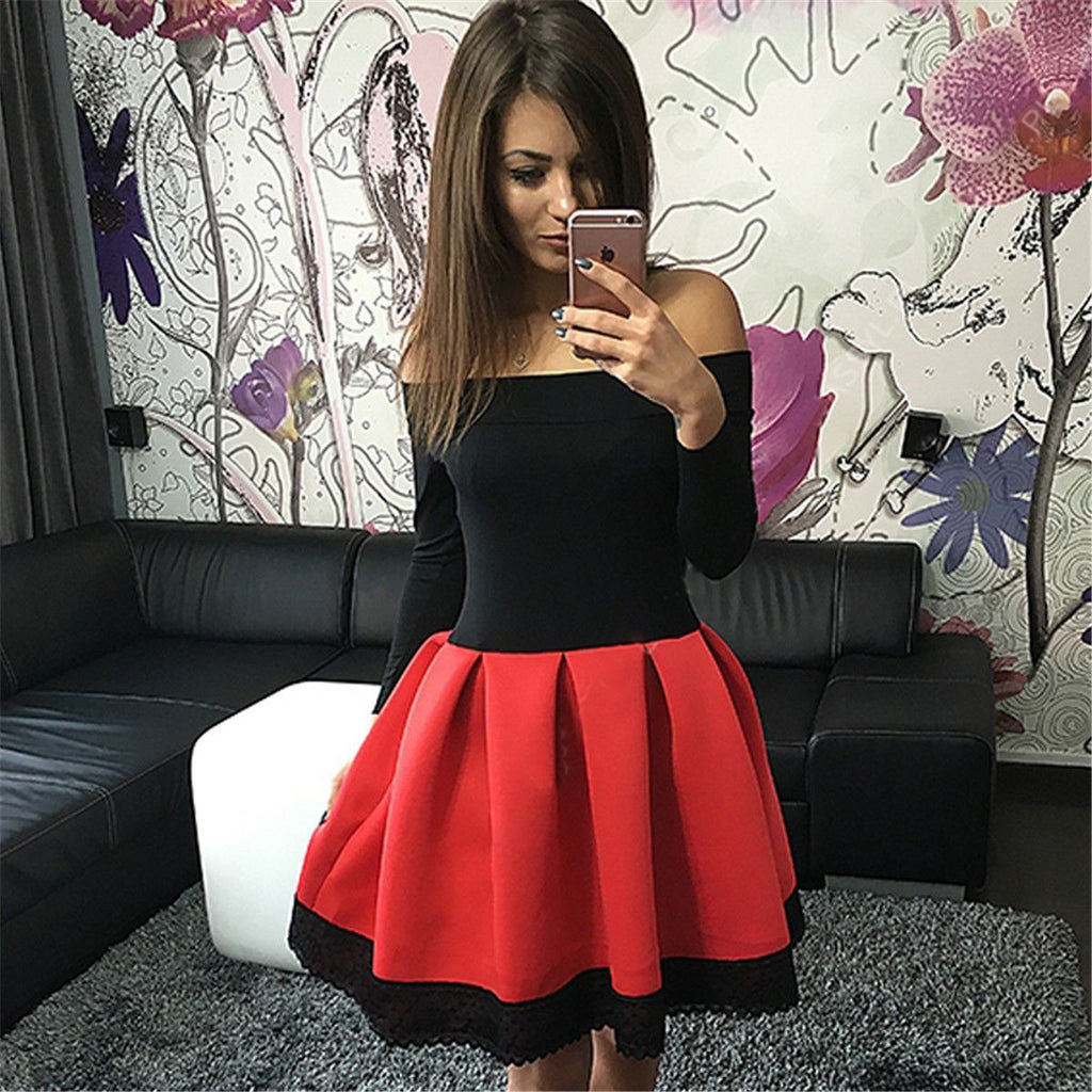 Long-sleeved splicing Flouncing dress