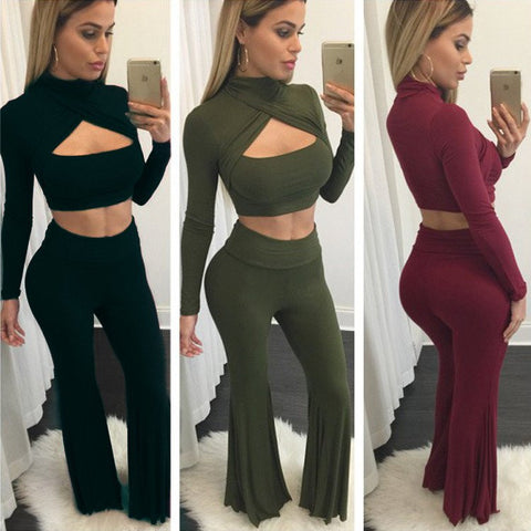 Fashion sexy long-sleeved knit two-piece pants