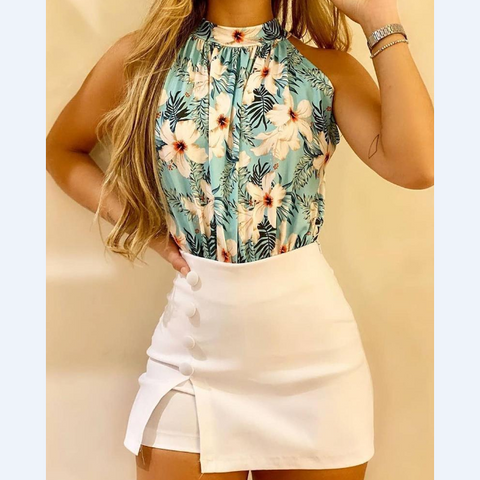 Lovely Round Neck Sleeveless Printed Piece Pants