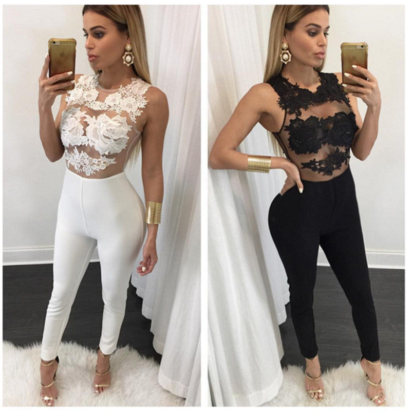 Sexy lace stitching sleeveless jumpsuit