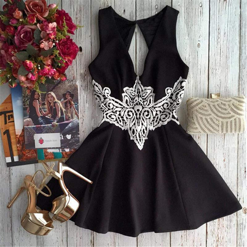 Solid color sleeveless V-neck lace dress