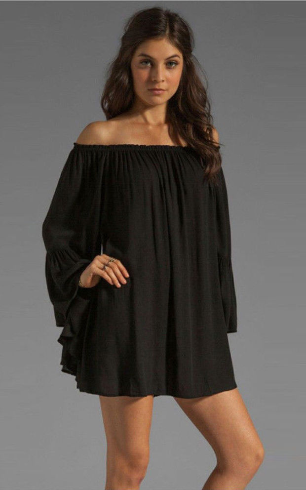 Black Off-shoulder Ruffled Chiffon Long Sleeve Shift Mini Dress